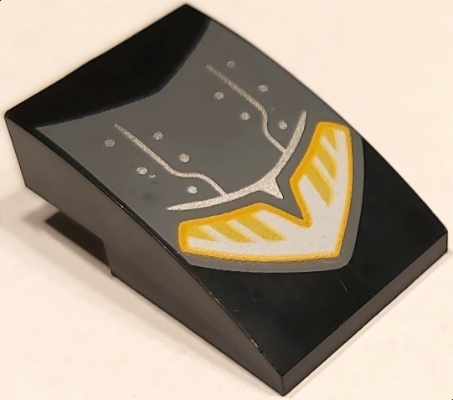 Slope, Curved 3 x 2 with Dark Bluish Gray Motorcycle Mudguard with Silver Lines and Dots and Yellow and White Headlight Pattern