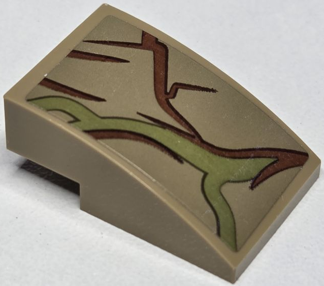 Slope, Curved 3 x 2 with Reddish Brown Tree Bark Plates and Olive Green Vines Pattern (Sticker) - Set 76217