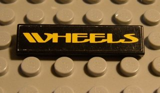 Tile 1 x 4 with Yellow 'WHEELS' on Black Background Pattern (Sticker) - Set 8440