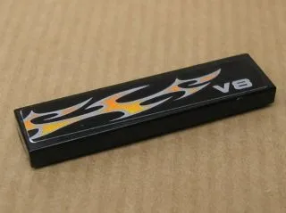 Tile 1 x 4 with 'V8' and White and Orange Flames Pattern Model Left Side (Sticker) - Set 8135