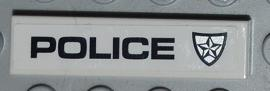 Tile 1 x 4 with Black 'POLICE' and Police Silver Star Badge on White Background Pattern Model Left Side (Sticker) - Set 8186
