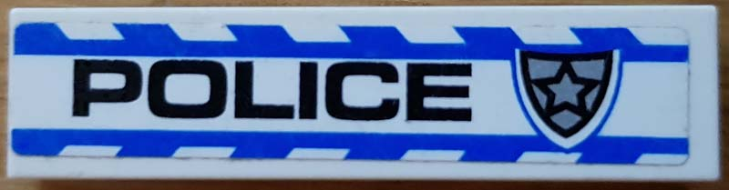 Tile 1 x 4 with Black 'POLICE' and Silver Star Badge and Blue Stripes Pattern Model Right Side (Sticker) - Set 8182