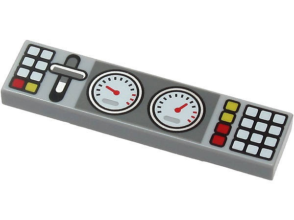 Tile 1 x 4 with 2 Gauges, Lever and White, Red and Yellow Buttons Pattern