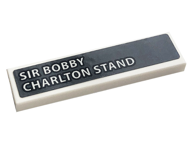 Tile 1 x 4 with White 'SIR BOBBY CHARLTON STAND' on Dark Bluish Gray Background Pattern (Sticker) - Set 10272