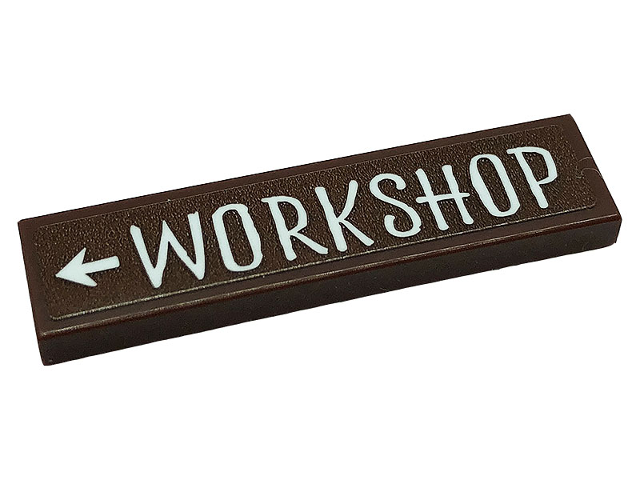 Tile 1 x 4 with White 'WORKSHOP' and Arrow Pattern (Sticker) - Set 10275