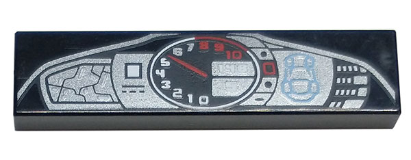 Tile 1 x 4 with Dashboard Display with Car Outline and Silver and Red Speedometer Gauge Pattern