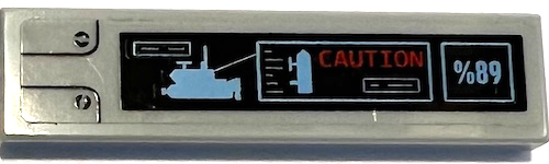 Tile 1 x 4 with Screws and Medium Blue Deep Sea Diagrams, '%89', and Red 'CAUTION' on Black Background Pattern (Sticker) - Set 60096