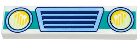 Tile 1 x 4 with Bright Light Blue Vehicle Grille, Yellowish Green and Yellow Headlights, and Dark Turquoise Bumper Pattern