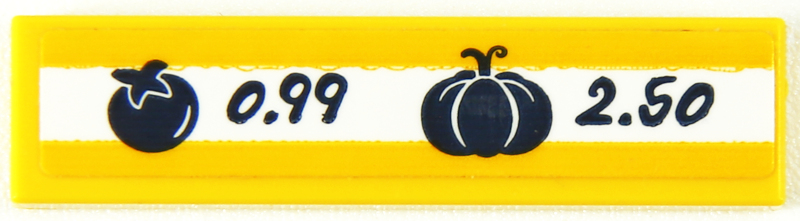 Tile 1 x 4 with Fruit Prices, '0.99', '2.50', Tomato and Pumpkin on White Stripe Pattern (Sticker) - Set 41704