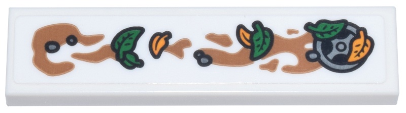 Tile 1 x 4 with Silver Drain, Green and Bright Light Orange Leaves and Medium Nougat Mud Pattern (Sticker) - Set 76437