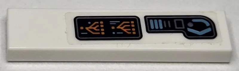 Tile 1 x 4 with Black Control Panel and Screen with Dark Bluish Gray, Metallic Light Blue and Orange Buttons and Light Pattern Model Left Side (Sticker) - Set 76232