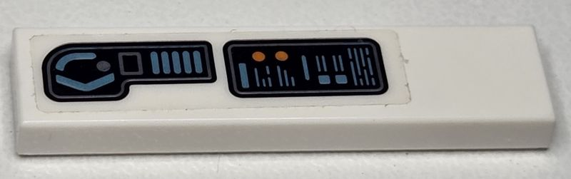 Tile 1 x 4 with Black Control Panel and Screen with Dark Bluish Gray, Metallic Light Blue and Orange Buttons and Light Pattern Model Right Side (Sticker) - Set 76232