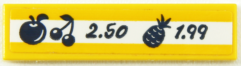 Tile 1 x 4 with Fruit Prices, '2.50', '1.99', Apple, Cherries and Pineapple on White Stripe Pattern (Sticker) - Set 41704
