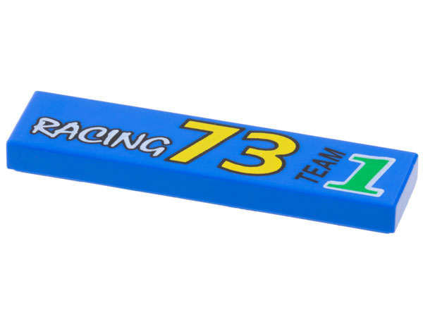 Tile 1 x 4 with White 'RACING', Yellow '73', Black 'TEAM', and Green Number 1 Pattern