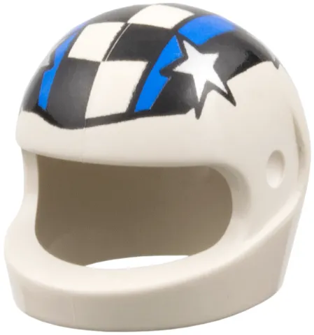 Minifigure, Headgear Helmet Motorcycle (Standard) with Black Checkered Stripe, Blue Stripes, Silver Stars Pattern