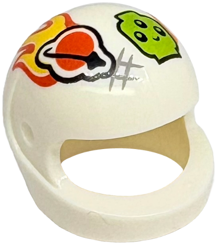 Minifigure, Headgear Helmet Motorcycle (Standard) with Reddish Orange and Black Classic Space Logo, Arrow, Yellow Flames, Lime Alien Head Pattern