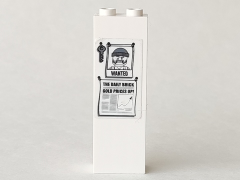 Brick 1 x 2 x 5 with Key, 'WANTED' Photo, and Newspaper Cutting with 'THE DAILY BRICK' and 'GOLD PRICES UP!' Pattern (Sticker) - Set 4440