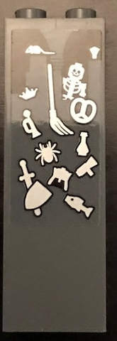 Brick 1 x 2 x 5 with Skeleton, Broom, Pretzel, Rat, Spider, Fish and Crown Pattern (Sticker) - Set 71043