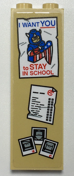 Brick 1 x 2 x 5 with Notice Board with Captain America 'I WANT YOU TO STAY IN SCHOOL' Poster and Polaroid Photographs Pattern (Sticker) - Set 76108