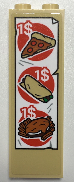 Brick 1 x 2 x 5 with Menu with '1$' for Pizza, Burrito, Burger and Fries Pattern (Sticker) - Set 76108