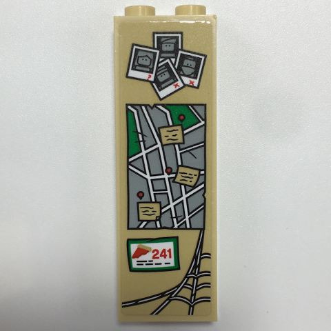 Brick 1 x 2 x 5 with Polaroid Photographs, Map, Pizza, Number 241 and Cobweb Pattern (Sticker) - Set 76108