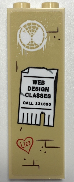 Brick 1 x 2 x 5 with White Spider-Man Mask Graffiti, 'WEB DESIGN CLASSES CALL 131090' Advertisement, Red 'Lizz' in Heart Pattern (Sticker) - Set 76108