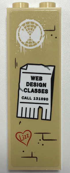 Brick 1 x 2 x 5 with White Spider-Man Mask Graffiti, 'WEB DESIGN CLASSES CALL 131090' Advertisement, Red 'Lizz' in Heart Pattern (Sticker) - Set 76108