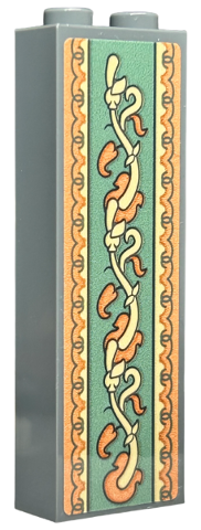 Brick 1 x 2 x 5 with Wallpaper, Orange and Tan Vines, Leaves and Ornamental Geometric Border on Sand Green Background Pattern (Sticker) - Set 40579