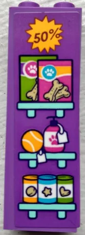 Brick 1 x 2 x 5 with Light Aqua Shelves with Tan Bones Dog Treats, Tennis Ball, Shampoo, Price Tags and '50%' in Starburst Pattern (Sticker) - Set 41691