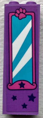 Brick 1 x 2 x 5 with Mirror, Dark Pink Frame and Paw Print, Dark Purple Stars Pattern (Sticker) - Set 41691