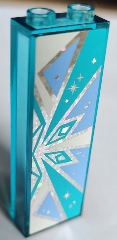 Brick 1 x 2 x 5 with Bright Light Blue and Medium Azure Snowflake Half on Silver Holographic Glitter Background Pattern Model Left Side (Sticker) - Se