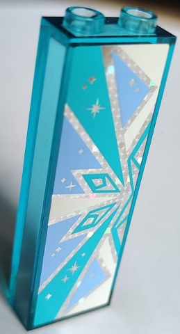 Brick 1 x 2 x 5 with Bright Light Blue and Medium Azure Snowflake Half on Silver Holographic Glitter Background Pattern Model Right Side (Sticker) - S