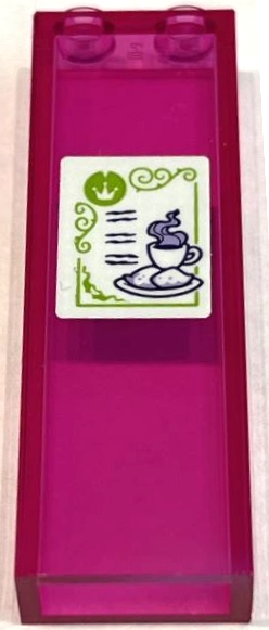 Brick 1 x 2 x 5 with Menu with Crown, Writing, Cup with Lavender Steam and Lime Scrollwork Border Pattern (Sticker) - Set 41162