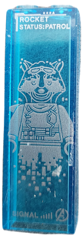 Brick 1 x 2 x 5 with Silver 'ROCKET', 'STATUS:PATROL', 'SIGNAL', Avengers Logo and Rocket Raccoon Minifigure Pattern (Sticker) - Set 76192