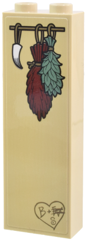 Brick 1 x 2 x 5 with Hanging White Tooth, Dark Red and Sand Green Herbs, and Carved 'B+S' in Heart Pattern (Sticker) - Set 21341