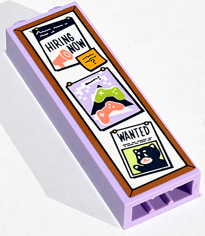 Brick 1 x 2 x 5 with Notice Board with 'HIRING NOW', Video Game Controllers and 'WANTED' Posters and Note with Writing and Question Mark Pattern (Sticker) - Set 41747