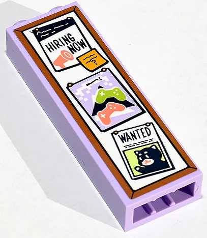 Brick 1 x 2 x 5 with Notice Board with 'HIRING NOW', Video Game Controllers and 'WANTED' Posters and Note with Writing and Question Mark Pattern (Sticker) - Set 41747