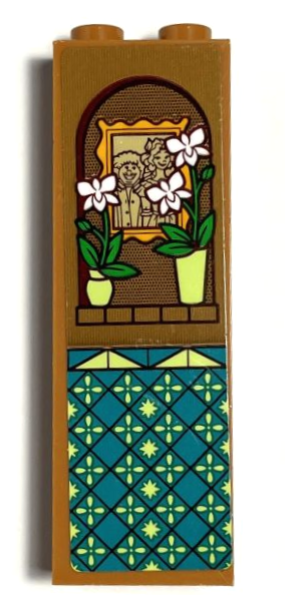 Brick 1 x 2 x 5 with Bright Green and White Flowers in Pots, Framed Family Portrait Picture and Dark Turquoise and Yellowish Green Geometric Tiles Pattern Model Left Side (Sticker) - Set 43202