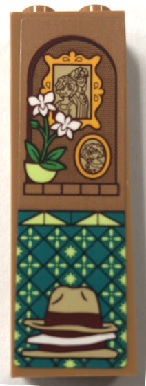 Brick 1 x 2 x 5 with Bright Green and White Flowers in Pots, Framed Family Portrait Picture, Stack of Hats and Dark Turquoise and Yellowish Green Geometric Tiles Pattern Model Right Side (Sticker) - Set 43202
