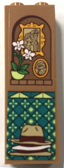 Brick 1 x 2 x 5 with Bright Green and White Flowers in Pots, Framed Family Portrait Picture, Stack of Hats and Dark Turquoise and Yellowish Green Geometric Tiles Pattern Model Right Side (Sticker) - Set 43202