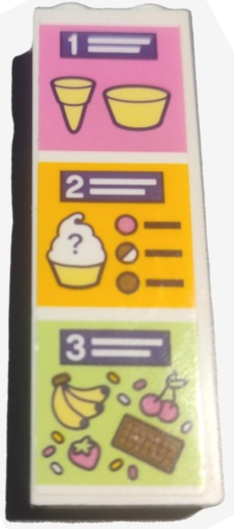 Brick 1 x 2 x 5 with Frozen Yoghurt Shop Menu, Number 1, 2, 3, Cone, Cup, Bananas, Cherries, Strawberry and Chocolate Bar on Dark Pink, Bright Light Orange and Yellowish Green Background Pattern (Sticker) - Set 41320