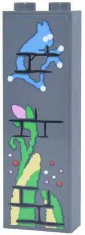 Brick 1 x 2 x 5 with Black Brick Wall, Medium Blue Creature, Bright Green and Bright Light Yellow Plant with Bright Pink Flower Bud Pattern (Sticker) - Set 76467