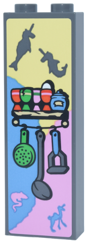 Brick 1 x 2 x 5 with Shelf with Egg Cups and Kitchen Utensils with Bright Light Yellow, Medium Blue and Bright Pink Background with Mythical Creatures Pattern (Sticker) - Set 76467