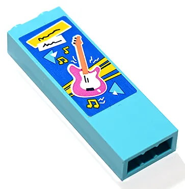 Brick 1 x 2 x 5 with Poster of Dark Pink Guitar and Yellow Music Notes on Yellow and Blue Background Pattern (Sticker) - Set 41748