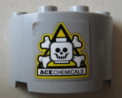 Cylinder Half 2 x 4 x 2 with 1 x 2 Cutout with Skull and Crossbones Danger Sign and Black 'ACE CHEMICALS' Pattern (Sticker) - Set 70914