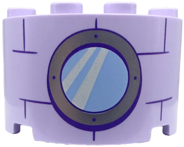 Cylinder Half 2 x 4 x 2 with 1 x 2 Cutout with Bright Light Blue Round Window with Silver Frame and Dark Purple Bricks Pattern