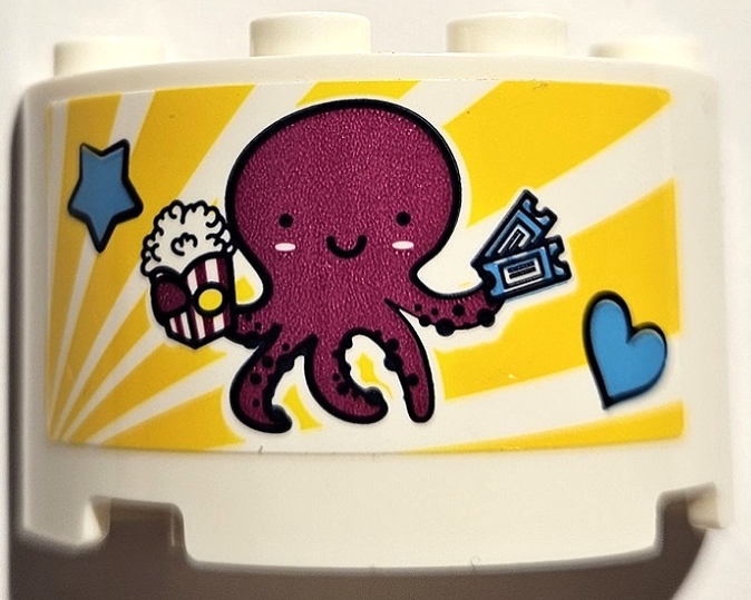 Cylinder Half 2 x 4 x 2 with 1 x 2 Cutout with Magenta Octopus with Popcorn and Tickets, Yellow Stripes, Medium Azure Star and Heart Pattern (Sticker) - Set 41373