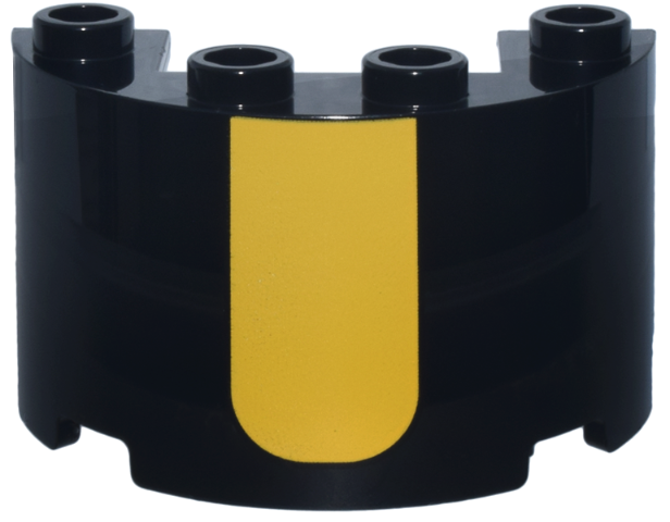 Cylinder Half 2 x 4 x 2 with 1 x 2 Cutout with Yellow Rectangle with Rounded Lower Edge Pattern