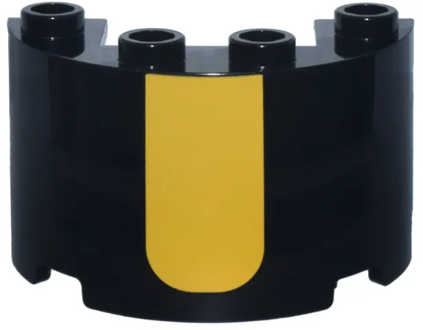 Cylinder Half 2 x 4 x 2 with 1 x 2 Cutout with Yellow Rectangle with Rounded Lower Edge Pattern