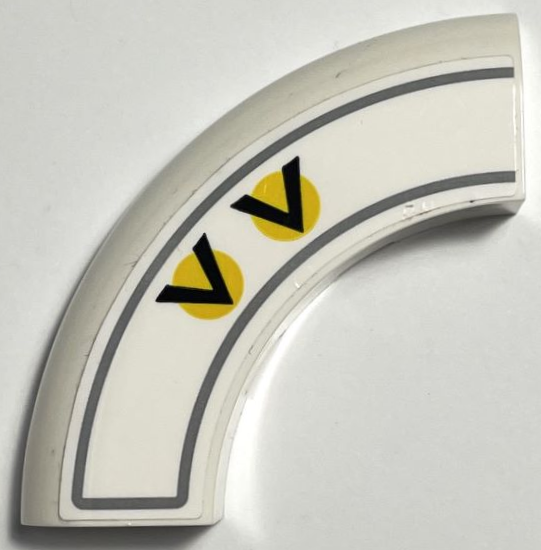 Brick, Round Corner 5 x 5 x 1 without Studs with 2 Black Chevrons / V-Shapes on Yellow Circles and Dark Bluish Gray Border Pattern Model Left Side (Sticker) - Set 75327